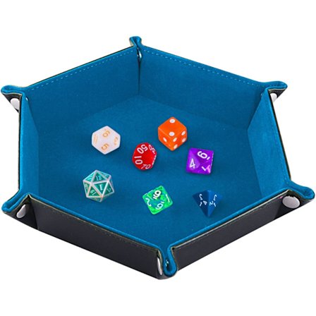 Tärningsbricka i PU-läder (himmelsblå), hopfällbar hexagonal tärningshållare i sammet för Dungeons and Dragons RPG D&D-tärningsspel och andra brädspel