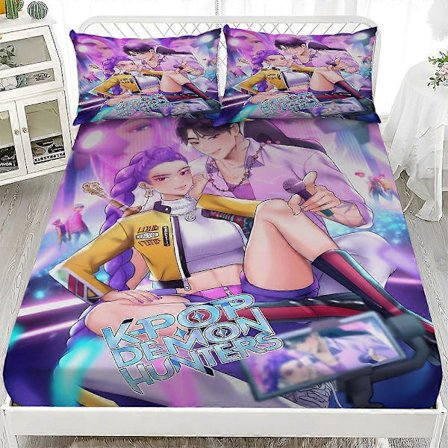 K-POP Demon Hunters -vuodevaatesetti, lakana kahdella tyynyliinalla, anime-makuuhuonesetti 152×203 cm wx0915103