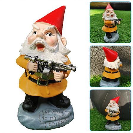 Nyckfull Arg Gammal Mr. Gnome Dvärg Håller Værktøj Advarsel Planke Skilt Statue Indendørs Terrasse Veranda Poolside Gnomes Statue