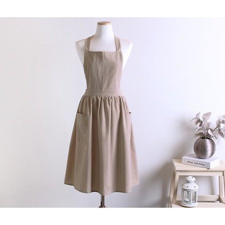 Naisten puuvillapellavasta valmistettu ristiselkäinen esiliina taskuilla ruoanlaittoon ja siivoukseen, vyötärötön solmittava