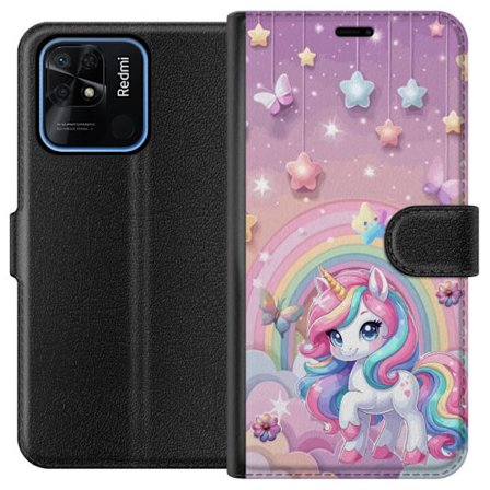Yhteensopiva Lompakkokotelo Xiaomi Redmi 10C Maaginen yksisarvinen, jolla on sateenkaarimane, tähtiä ja perhosia vasten pastellinväristä taivasta, jos