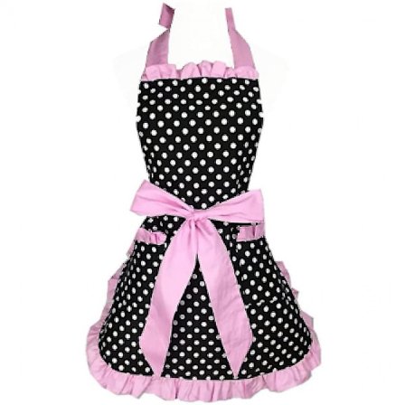 Kjøkkenforkle Søtt forkle Retro Svart Polka Dot Retro Ruffle Edge Retro Kokeforkle Med Lommer, Dame- Og Jentestil (rosa)
