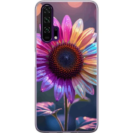 Kompatibelt Mobildeksel til Honor 20 Pro Irideserende blomst med glitrende kronblad i rosa lilla og gull mot myk bokeh bakgrunn