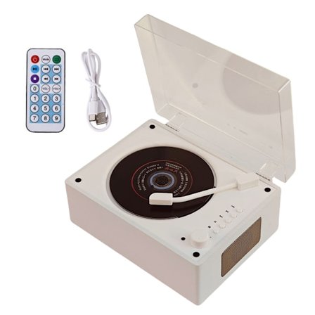 Hvidt retro CD-afspiller med Bluetooth 5.0 og bærbar genopladelig trådløs højttaler til hjemmet med USB og 3,5 mm AUX til telefon