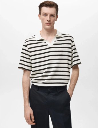 Mango Striped Textured Knitted Polo Shirt - White - S