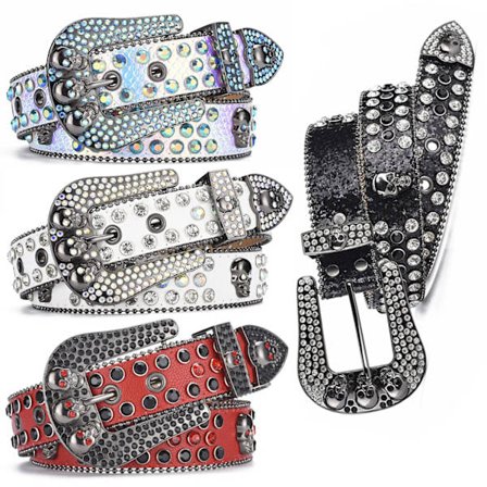 Skull Rivet Rhinestone Belt Western Cowgirl Bling Studded Design Belt Y2K Black Hip Hop PU Leather Crystal Belts for Women Men