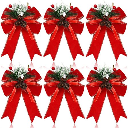 6 stk. julebøffelternet sløjfe ternet båndsløjfe med fyrrekoglesløjfer til julefester