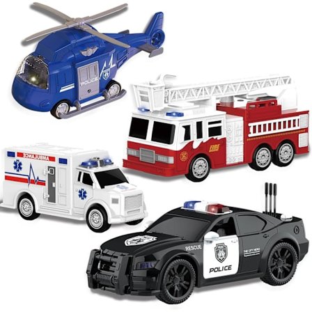 Brandbil, ambulance, politibil og helikopter legetøjssæt, legetøjssæt med udrykningskøretøjer med lys og lyd, friktionsdrevet billegesæt