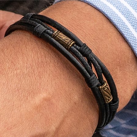 Gold-Tone & Black Leather Cord Icon Bracelet for Men - Leather bracelets