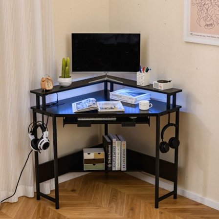 COSTWAY Hörnskrivbord med Laddstation - LED - Tangentbordshylla - Skärmstöd, Krokar och Hylla, 80x80x88cm Svart