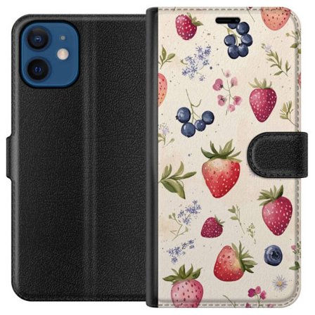 Kompatibel Tegnebogsetui til Apple iPhone 12 Sommerlig bær mønster med jordbær, blåbær og blomster i akvarel stil - trendy og lys design i bløde farve