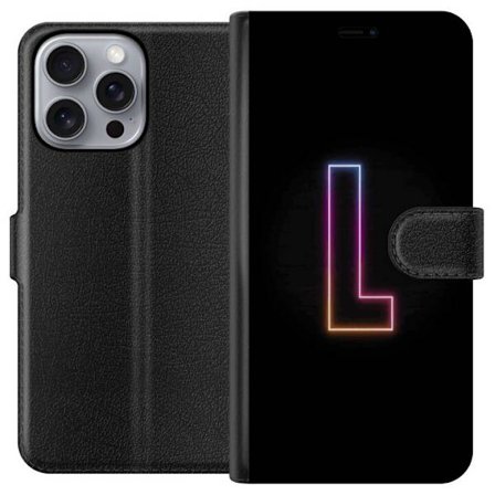 Yhteensopiva Lompakkokotelo Apple Apple iPhone 16 Pro Max Minimaalinen neonkirjain L pehmeästi vaihtuvassa värivalossa mustaa taustaa vasten, puhdas