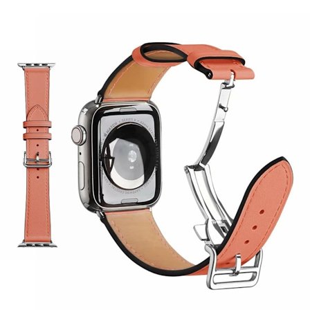 äkta läder silver spänne klockarmband för Apple Watch Series 6 / 5 44mm - Coral