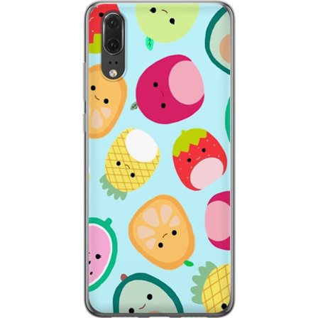 Kompatibel Mobilcover til Huawei P20 Mønster af kawaii frugter som jordbær citron ananas og avocado på lyseblå baggrund