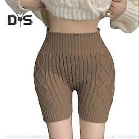Dame Vintershorts med Høy Midje Strikkede Elastiske Ensfargede Varme Anti-eksponerings Basic Shorts for Hverdagsbruk Hjemme Og Mer (kaffe)