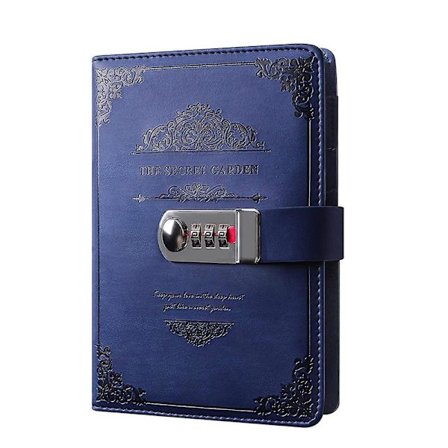 A5-dagbok med lås og penn, påfyllbar notatbok med kombinasjonslås, vintage (blå)
