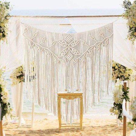 Makramee seinävaate, kudottu seinätekstiili, moderni tyylikäs kudottu taide, käsintehty kodinsisustus, helmillä koristeltu seinäkoriste häihin, 