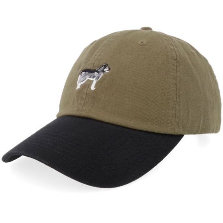 Iconic - Grön unconstructed Keps - Siberian Husky Dog Stone Washed Olive/Black Dad Cap @ Hatstore