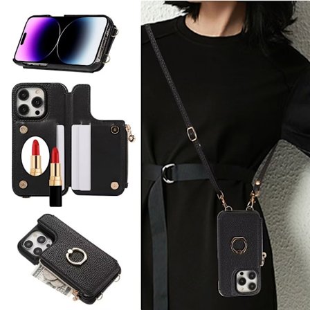 Fodral för iPhone15promax svart japansk och koreansk dragkedja crossbody multi kort ring solid me