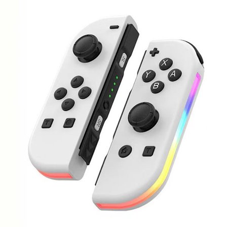 Valkoinen Nintendo Switch Oled -ohjain RGB-valolla vasemmalla ja