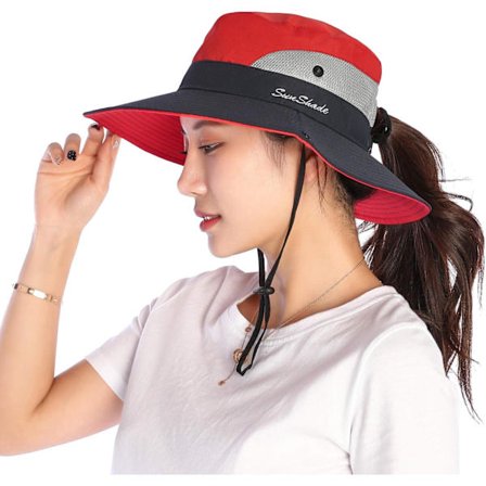 Solhatt för damer Ljusröd Bredbrättad Hink Mesh Buni Hatt O DXGHC