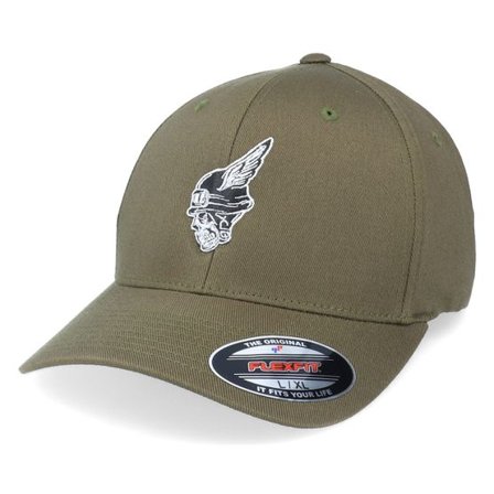 Born To Ride - Grön flexfit Keps - Skull Biker Logo Olive Flexfit @ Hatstore