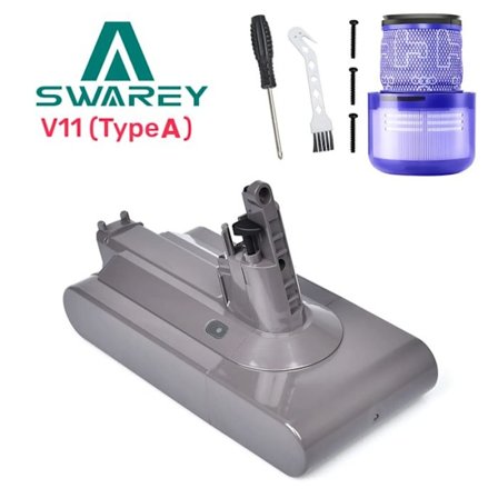 SWAREY Batteri til Dyson V11 6000mAh Kompatibel med SV14 Li-ion 25.2V med Post-Filter Element og 1 Børste og Skruetrækker