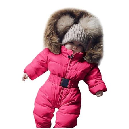 Unisex jumpsuit med huva för baby för 0-24 månader Pojkar Flickor Jumpsuit Romper med pälskrage qd best Red 80cm