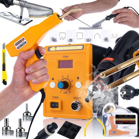 Lodestation Hot Air 858D Sæt – 700W | Temperatur 100-500°C | 3 Dyser, Plast Svejser, 200 Hæfteklammer