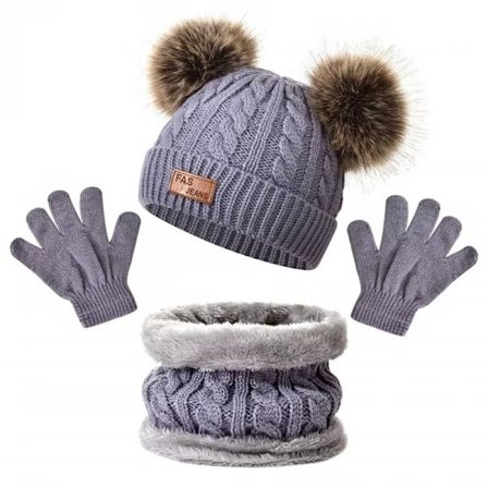 3 stk Vintersæt til børn: Strikket pompom hat, tørklæde og handsker - varm solid kasket til småbørn