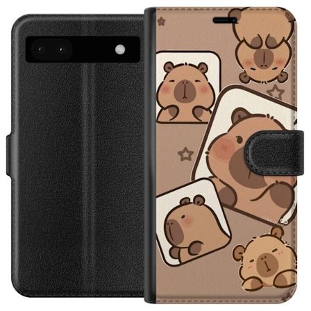 Yhteensopiva Lompakkokotelo Google Pixel 6a Capybara Frame Friends Leikkisä suunnittelu, jossa on pieniä kapibaareja ruuduissa tähtien ja vaalean beig