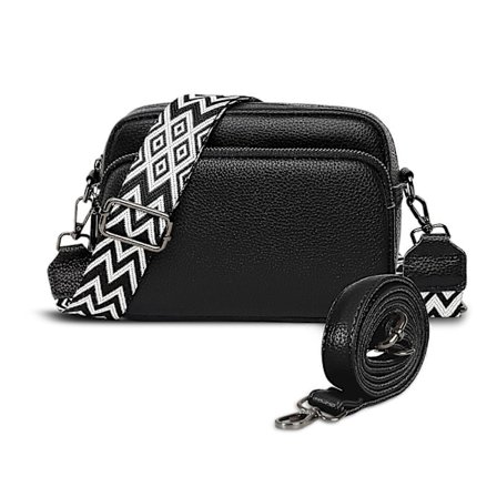 Læder Skuldertaske Dame Sort Crossbody Taske Dame Bred Rem Lille Skuldertaske Dame med 2 Brede Skulderstropper Crossbag Skuldertaske Dame