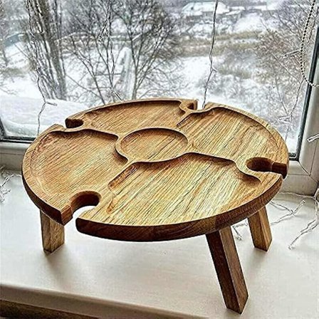 Mini sammenleggbart piknikbord, bærbart lavt piknikbord i tre for utendørs med 4 vinglassholdere og snacks-holder