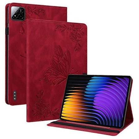 Fodral för Xiaomi Pad 7 Pro/Pad 7 Fjäril Blomma Prägling PU Läder Tablet Skydd med Kortfack - Röd