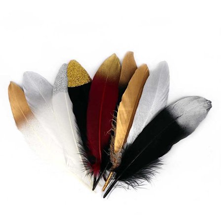 Farverige fjer, 40 stk. guld/sølv/sort dyppede fjer dekoration