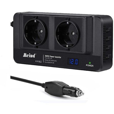 200W Bil Inverter 12V til 220V Strømomformer Fire USB-porte + Dobbelt stikkontakt