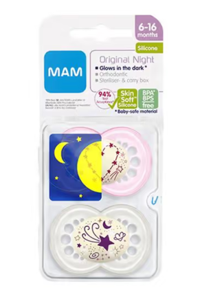 Mam Night Silk smokk som lyser i mørket 6 måneder+ rosa 2 stk
