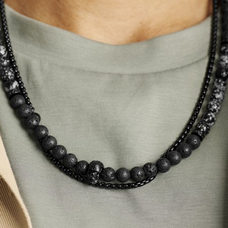 Rico Lava Rock & Snowflake Obsidian Necklace Set for Men - Steel necklaces
