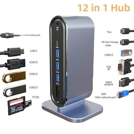 12-i-1 USB-C Docking Station - USB-C Hub til Laptop - Universal Port med 4K HDMI Monitor, PD, Ethernet, VGA