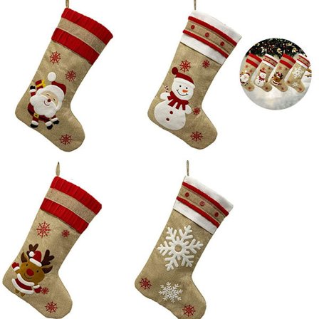 Nytt julestrømpe-jutesett 4 deler brodert lin KLB