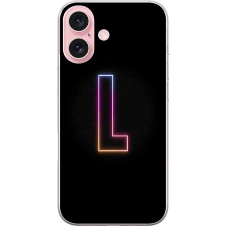Yhteensopiva Puhelinkuori Apple Apple iPhone 16 Minimaalinen neonkirjain L pehmeästi vaihtuvassa värivalossa mustaa taustaa vasten, puhdas graafinen