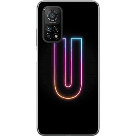 Yhteensopiva Puhelinkuori Xiaomi Xiaomi Mi 10T Pro 5G Minimaalinen neonkirjain U kirkkaalla valaistustehosteella mustaa taustaa vasten