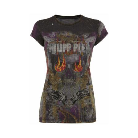 Philipp Plein, Skull T-shirt with fire in the Eyes Brązowy, Kobieta, Rozmiar: M