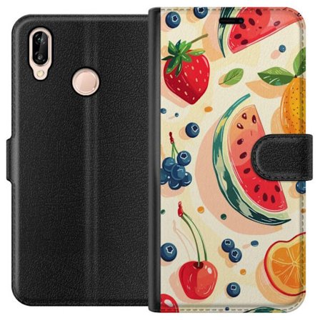 Kompatibel Tegnebogsetui til Huawei P20 lite Legesyg frugtillustration med vandmelon, citrus, jordbær, kirsebær og bær