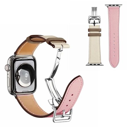 äkta läder silver spänne klockarmband för Apple Watch Series 6 / 5 40mm - rosa / vit