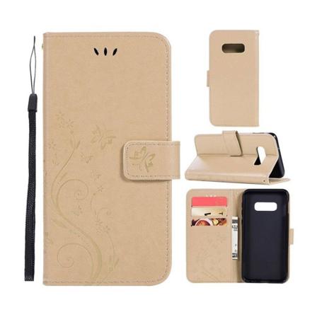 Samsung Galaxy S10e läderfodral med fjärils avtryck - Guld Guld