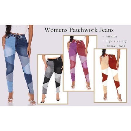 Kvinners Mid Waist Stretchy Patchwork Denim Bukser Jeans B2 ZD V