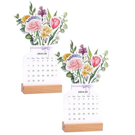 2024 Bloomy Flowers Skrivebords Kalender Med Trebase, Kreative Blomster Skrivebords Kalender, Skrivebords Kalender 2