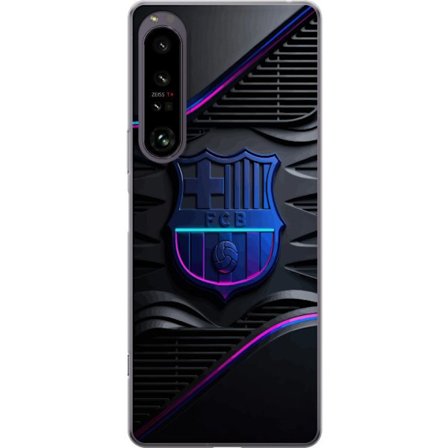 Yhteensopiva Puhelinkuori Sony Xperia 1 IV FC Barcelonan seuraemblemii neon sinistä ja vaaleanpunaista futuristisella metallisella suunnittelulla
