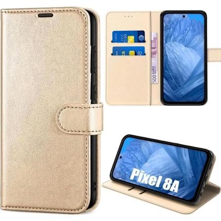 Etui til Google Pixel 8a - Stødsikker guldsyntetisk læder Flip-etui med kortholder gyllene